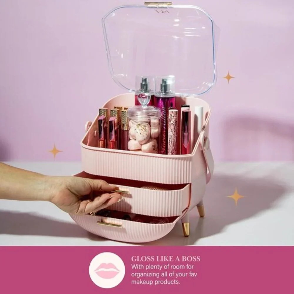 New Pink Makeup Storage Organizer, Standard Size Cosmetic Box with Dustproof Lid